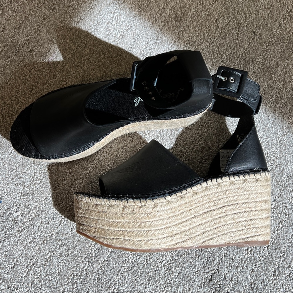 BRAND NEW Free People Black Leather Espadrille Platform Sandals with Ankle Strap